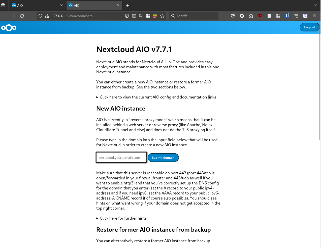 Nextcloud AIO install with docker-compose and nginx reverse proxy